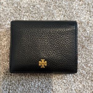 Tory Burch Black Leather Compact Wallet with Gold Logo